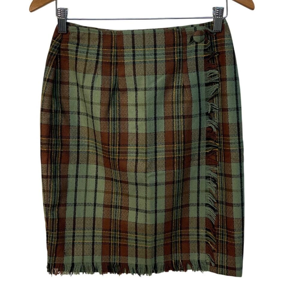 Forenza Women’s Plaid Knee Length Wrap Skirt with Fringe Brown Green Plaid Sz 6‎
